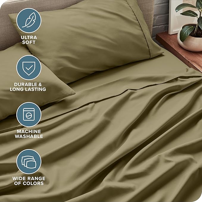 Bare Home Queen Sheet Set - Luxury 1800 Ultra-Soft Microfiber Queen Bed Sheets - Double Brushed - Deep Pockets - Easy Fit - 4 Piece Set - Bedding Sheets & Pillowcases (Queen, Olive)