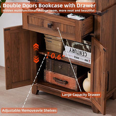 72in Tall Bookshelf 7 Tier Bookcase with Drawer and Barn Doors and Adjustable Shelves, Brown Farmhouse Book Shelf with Storage Cabinet, Wood Freestanding Display Bookshelves for Kitchen (3PCS)