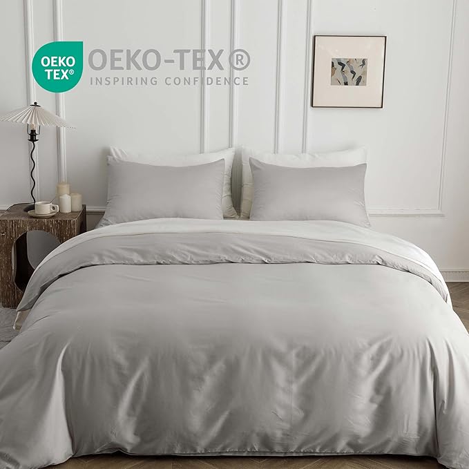 HeimenAogo Egyptian Cotton Duvet Cover Twin/Twin XL Sateen Weave, Silky Soft and Breathable Bedding Set with Zipper Closure, Long Staple Cotton Bed Linen Moonlight Grey 2Pcs (68"×90")