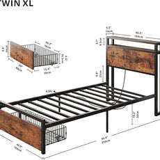 LIKIMIO Twin XL Bed Frames with Drawer, Storage Headboard with Outlets, No Box Spring Needed, Easy Assembly, Vintage Brown