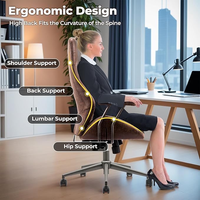 ovios Ergonomic Office Chair, High Back Faux Leather Executive Chairs with Armrests, Comfy High-Century Modern Swivel Rolling Computer Armchair (Dark Brown, Suede Leather)