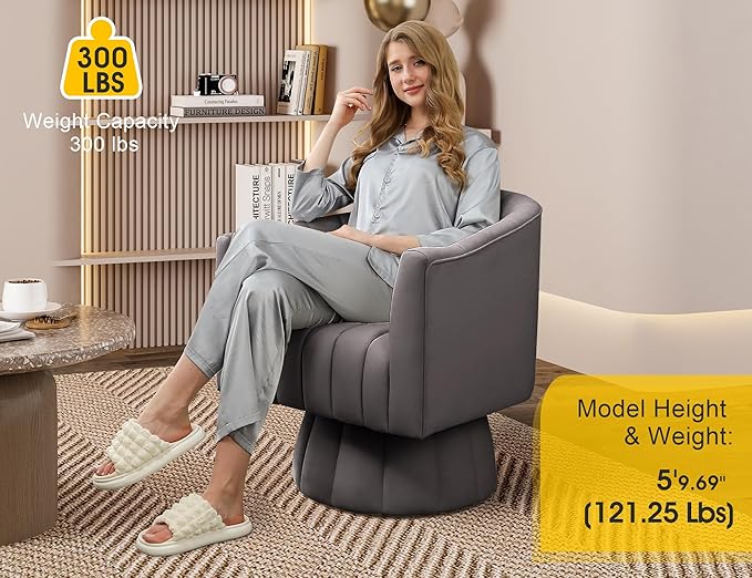 Accent Chair Mid Century 360 Degree Swivel Chair,Modern Lounge Sofa Round Barrel Chair with Wide Upholstered,Fluffy Velvet Fabric Chairs for Home Sofa Living Room/Bedroom/Waiting Room (Grey)