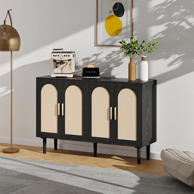 FONTOI Sideboard Cabinet with Rattan Doors, Kitchen Buffet Cabinet with Storage, Modern Farmhouse Large Accent Cabinets Credenza for Entryway Dining Room, Black