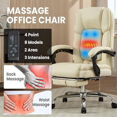 4 Points Massage Office Chair with Footrest 500lbs,Reclining Executive Desk Chair with Vibration Heat for Heavy People,Lumbar Support PU Leather,Adjustable Height Ergonomic (Beige)