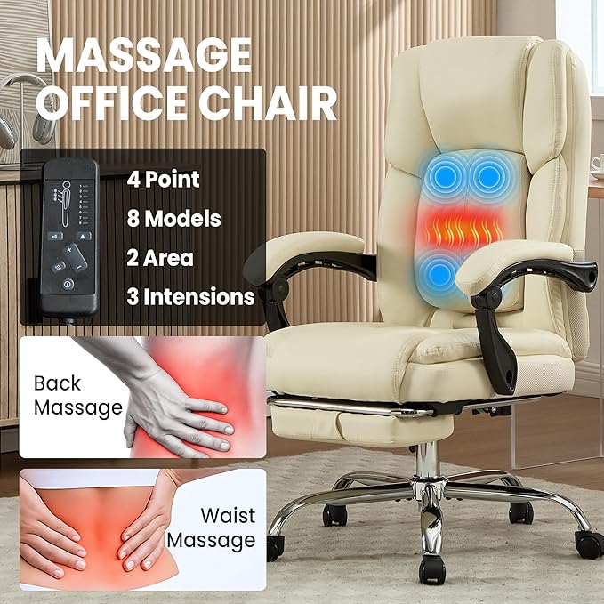 4 Points Massage Office Chair with Footrest 500lbs,Reclining Executive Desk Chair with Vibration Heat for Heavy People,Lumbar Support PU Leather,Adjustable Height Ergonomic (Beige)