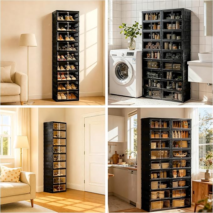 Foldable Shoe Organizer Storage Box Set of 2, Portable Extra Large Folding Shoe Rack for Closet, Shoe Storage Box with Magnetic Transparent Door and Wheels, 9 Layers 18 Grids