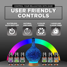 Aromatherapy Essential Oil Diffuser w/ 3D Glass Vase Cover & Colorful LED Light Display | Cool Mist Fragrance Diffuser for Bedroom, Large Room & Dorm | Auto Shut-Off Humidifier w/ 6 Essential Oils