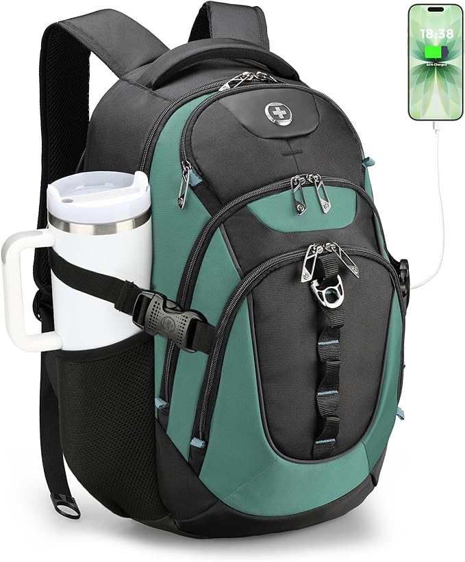 Swissdigital Design Laptop Backpack with USB Charging Port, Travel Backpack Fits 15.6 inches Computer, 31L College School Backpack for Men, Lake Green/Black | SD803-27