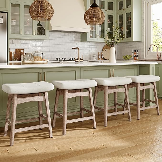 MAISON ARTS Bar Stools Set of 3 Counter Height for Kitchen Counter Solid Wood Legs with Fabric Saddle Seat Farmhouse Barstools for 34"-38" Counter Island Upholstered Stools, 24in, Creamy White