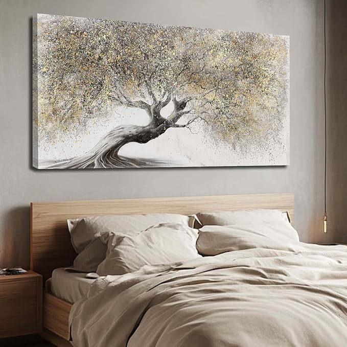 Gold Wall Art Canvas Wall Pictures Large Artwork Landscape Painting Photo Prints Wall Decorations Tree Wall Decor for Living Room Dining Room 29"x58"