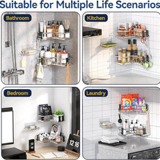 YASONIC Corner Shower Caddy Organizer, 3-Pack Self-Adhesive Rustproof Bath Shelves with Soap Holder & 4 Hooks, Large Capacity Shower Storage Rack for Bathroom Organization, Silver