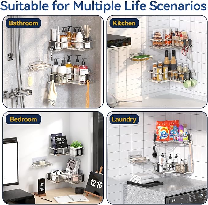 YASONIC Corner Shower Caddy Organizer, 3-Pack Self-Adhesive Rustproof Bath Shelves with Soap Holder & 4 Hooks, Large Capacity Shower Storage Rack for Bathroom Organization, Silver