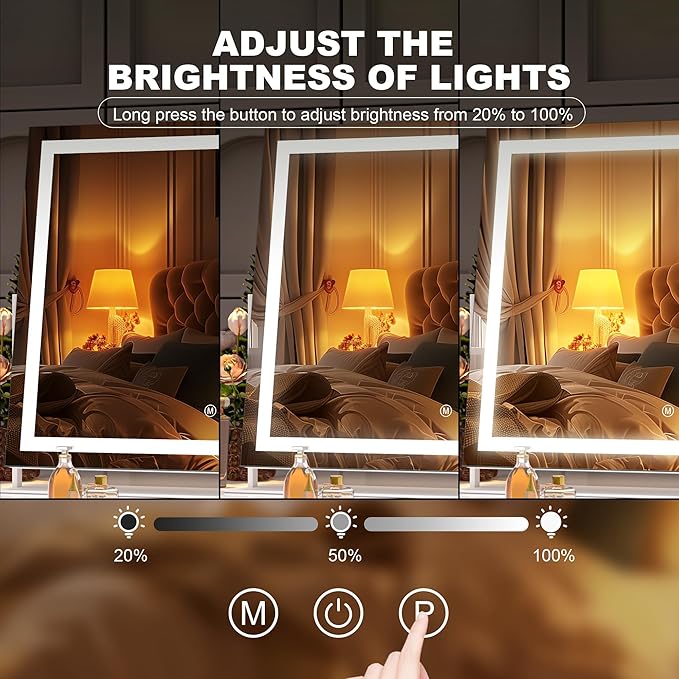 Hasipu Vanity Mirror with Lights, 13.8" x 10.6" LED Makeup Mirror, Light up Mirror with 10X Magnification, Smart Touch 3 Colors Dimmable, 360° Rotation (White)