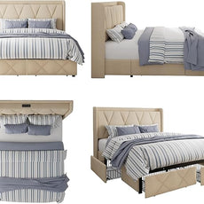 Full Size Bed Frame with 4 Storage Drawers, Upholstered Platform Bed with Charging Station, Modern Wingback Storage Headboard, Easy Assembly,Noise-Free, Beige