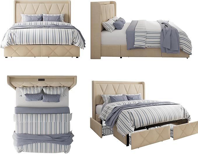 Full Size Bed Frame with 4 Storage Drawers, Upholstered Platform Bed with Charging Station, Modern Wingback Storage Headboard, Easy Assembly,Noise-Free, Beige
