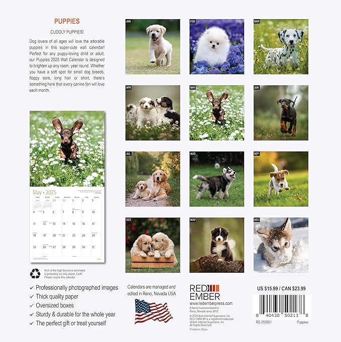 RED EMBER Puppies 2025 Wall Calendar 12 Month | 12" x 24" Open | Thick & Sturdy Paper | Giftable | Dog Calendar 2025