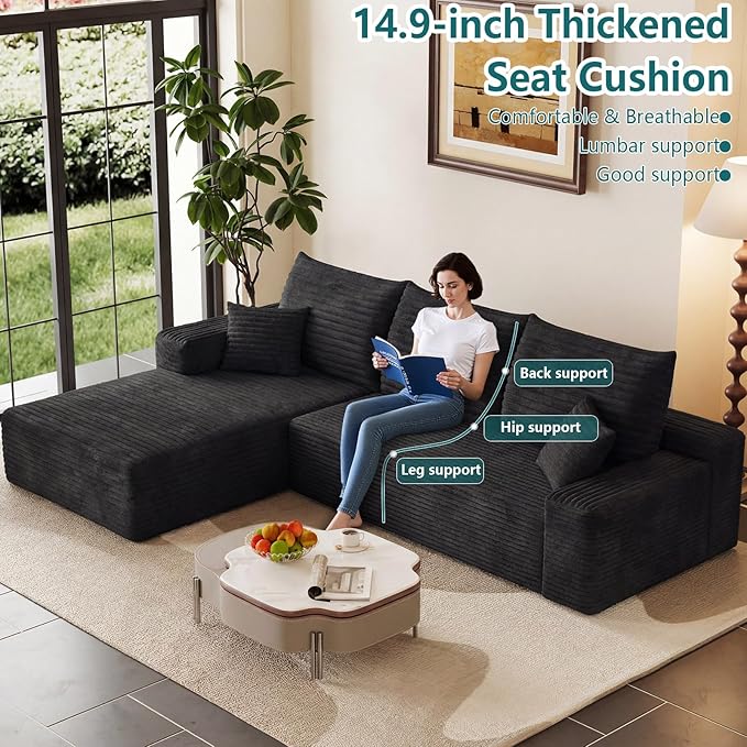 95" Modular Sectional Couch, Boneless L Shaped Cloud Sofa with Chaise Lounge, Corduroy Upholstered Couches Memory Foam Deep Seat, No Assembly Required, Ideal for Living Room(Black, Left Facing)
