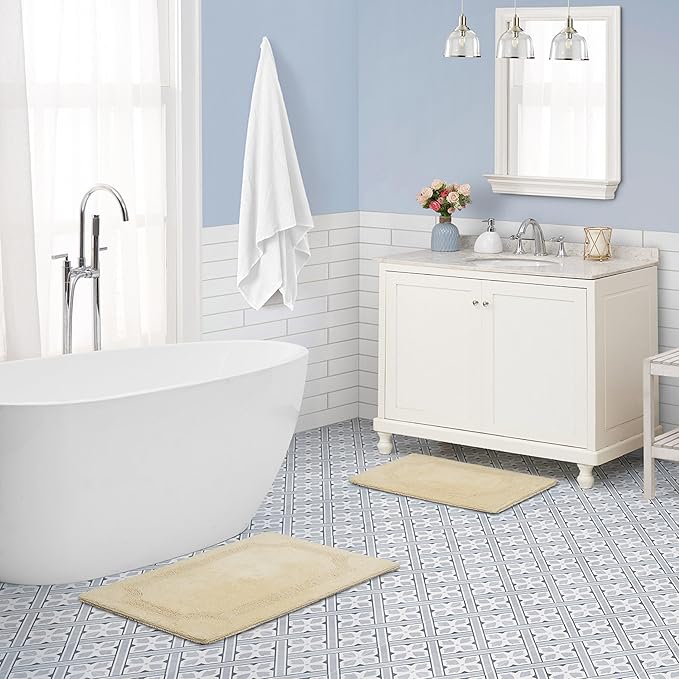 Laura Ashley - Reversible Cotton Bath Mat, Premium Bathroom Décor, Machine Washable Bathroom Rug, Highly Absorbent, 17"x24"/20"x32" 2-Piece Set, Yellow (Pack of 6)