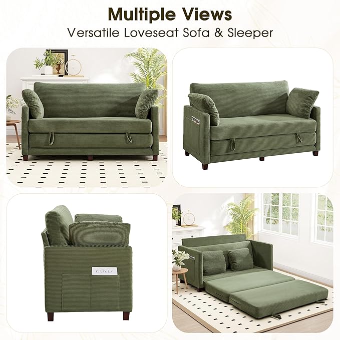 65" Convertible Loveseat Sofa Bed, 2-in-1 Folding Sofa Bed with 2 Pillow for Small Spaces, Modern Loveseat Sleeper Couch for Apartment, Living Room & Guest Room (Green Corduroy, 65 inch)