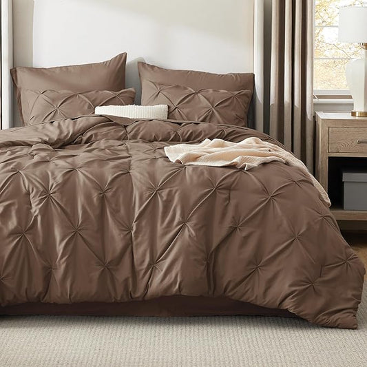 Bedsure Twin Comforter Set Brown - Bed in a Bag Twin Size Bedding 5 Pieces, GentleSoft™ Pintuck Bed Set Gift for Family, Pinch Pleat Brown Comforter with Sheets, Pillowcase & Sham