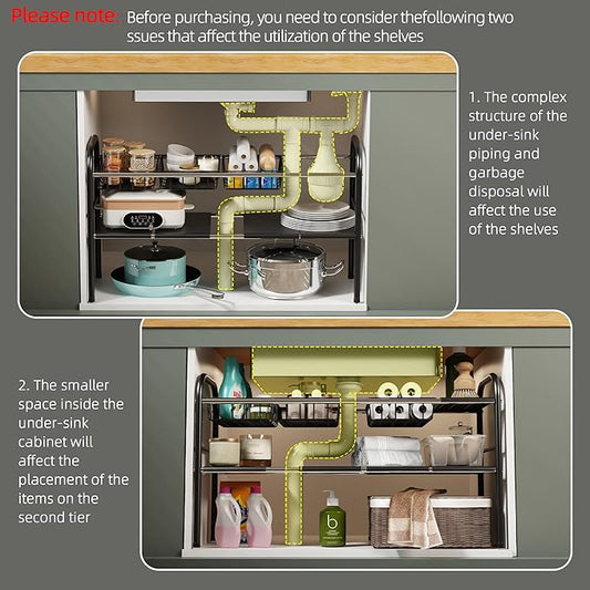 NETEL Under Sink Organizers and Storage, 2 Tier Expandable Under Cabinet Organizer Shelf with 4 Baskets and 4 Panels, Expandable Shelf for Cupboard, Kitchen, Bathroom, Shoe Storage Rack