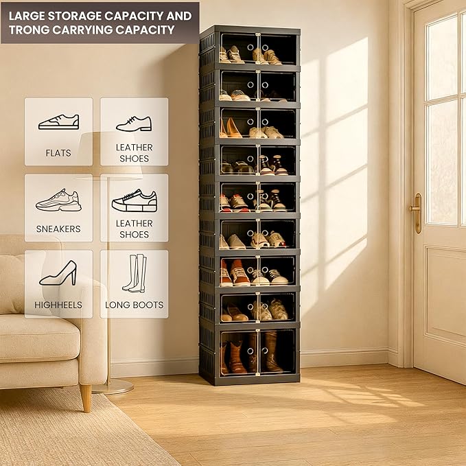 Foldable Shoe Organizer Storage Box, Portable Extra Large Folding Shoe Rack for Closet, Shoe Storage Box with Magnetic Transparent Door and Wheels, 9 Layers 18 Grids with 2 Big Grids