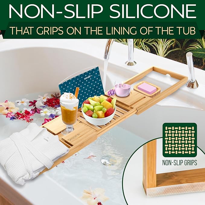 SereneLife Premium Bathtub Tray Caddy with Gift Box and Bow Set, Expandable Bath Tray, Unique House Warming Gifts for Mom, Women, Wedding, Anniversary, Bridal Shower, Fit for All Tub - Classic