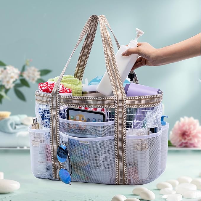 Large Mesh Shower Caddy – Portable ShowerTote with Waterproof Phone Pouch – Quick Dry Shower Bag with Separate Dry & Wet Zones for College Dorm, Gym, Beach Tote, Camping, Travel Essentials