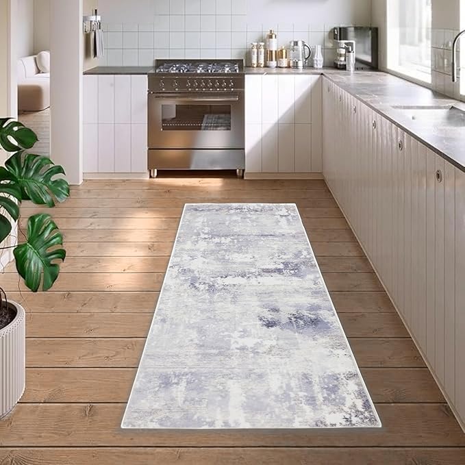 RCTJHOME 2'x6' Runner Rug for Hallway with 4 Non-Slip Tapes, Machine Washable Kitchen Boho Runner Rug, Distressed Bedroom Beside Rug, Laundry Room, Farmhouse Entryway Mat, Light Grey White Watercolor