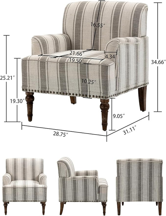 Accent Chair, Mid Century Modern Comfy Armchair for Living Room, Linen Fabric Single Sofa Lounge for Reading Bedroom Apartment Waiting Room with Wood Legs (Grey Stripe, Set of 2)