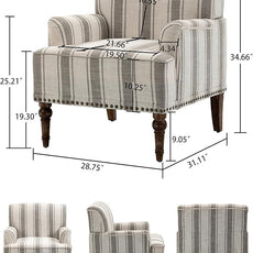 Accent Chair, Mid Century Modern Comfy Armchair for Living Room, Linen Fabric Single Sofa Lounge for Reading Bedroom Apartment Waiting Room with Wood Legs (Grey Stripe, Set of 1)