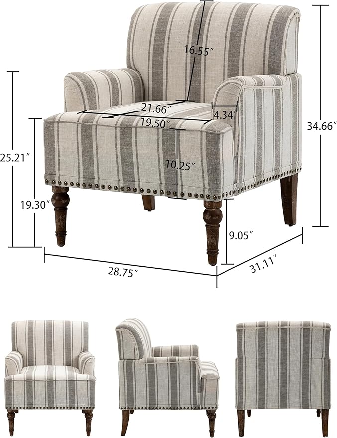 Accent Chair, Mid Century Modern Comfy Armchair for Living Room, Linen Fabric Single Sofa Lounge for Reading Bedroom Apartment Waiting Room with Wood Legs (Grey Stripe, Set of 1)