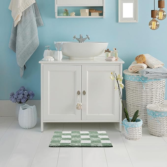 CozeCube Bath mats for Bathroom Non Slip, Fluffy Absorbent Microfiber Bath mat Washable, Aesthetic Bathroom Rugs, Small Sage Green Checkered Bath mat, Sage Green, 24" x 16"