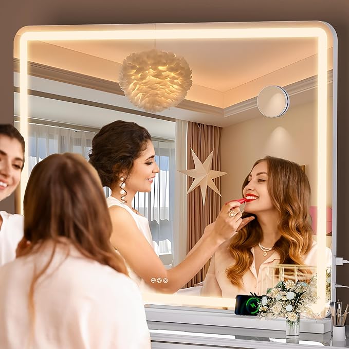Hasipu Vanity Mirror with Lights, 47.2" x 30" LED Makeup Mirror, Lighted Makeup Mirror with Dimmable 3 Modes, Touch Screen Control Vanity Mirror Round White
