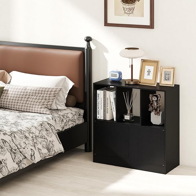 GOFLAME 3 Cube Bookcase with Doors, 3-Tier Cubby Book Shelf with 3 Open Compartments, Cabinet, Wooden Small Display Shelf, Freestanding Cubic Storage Organizer for Living Room, Study (1,Black)