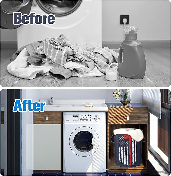 American Flag Red Line Ax Laundry Basket Firemen Foldable Oxford Cloth Funny Tote Bag Laundry Hamper Clothes Storage Bucket Organizer For Bathroom/Laundry Storage /Bedroom17.7x13.7Inch