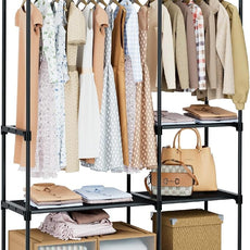 Clothes Rack, Portable Closet, 44.9 Inch Large Capacity Wardrobe Closet, Clothes Storage Organizer with Shelves and 2 Hanging Rods, Easy to Assembly, Black PCT021B01