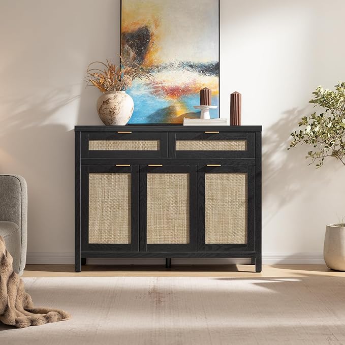 SICOTAS Rattan Sideboard Buffet Cabinet with Storage, Boho Credenza Accent Cabinet with 3 Doors and 2 Drawers, Farmhouse Console Coffee Bar Cabinets for Kitchen Living Room Entryway, Black Oak, 2 PCS