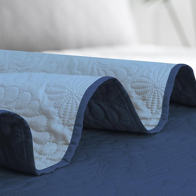 Easy-Going King Size Reversible Quilt Set with 1 Quilt and 2 Pillow Shams, Soft Bed Quilt Cover, Water Resistant Lightweight Microfiber Bedspread, Stain Resistant, Olive Leaf-Dark Blue/Light Blue
