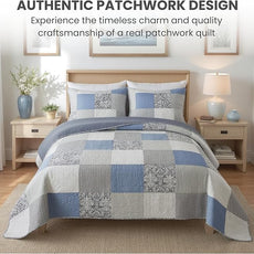 SLPR Sweet Dreams Cotton Quilt Set - King Size with 2 Shams, Pieced Patchwork Bedding in Blue and Gray, Country Style Farmhouse Quilted Bedspread