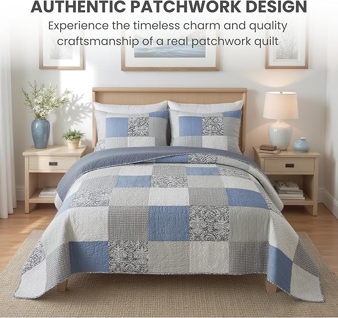 SLPR Sweet Dreams Cotton Quilt Set - Queen Size with 2 Shams, Pieced Patchwork Bedding in Blue and Gray, Country Style Farmhouse Quilted Bedspread