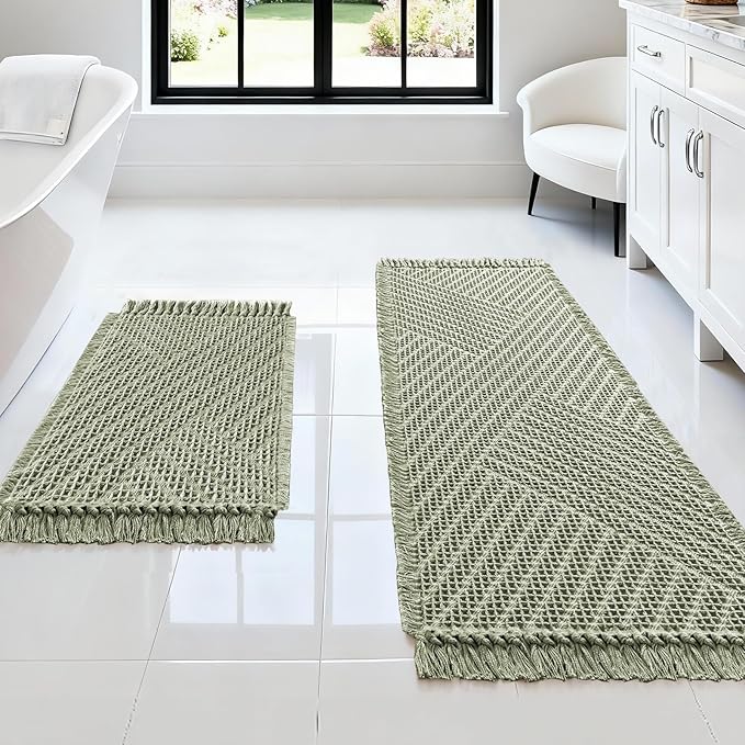 H.VERSAILTEX Waffle Bath Mat Super Absorbent Boho Bath Mat Non Slip Bath Rugs for Bathroom Floor Machine Washable Dry Fast Bathroom Rugs with Tassels (47 x 17 Plus 17 x 24 Inches, Sage)