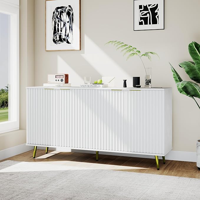 COCO DESIGN 61" Buffet Sideboard with Fluted Panel Doors, Power Outlet & Adjustable Shelves, Storage Cabinet with Metal Legs, Modern Farmhouse Console for Kitchen Dining Living Room Entryway, White