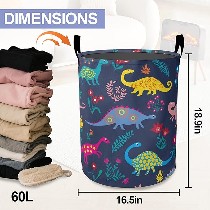 Cute Cartoon Dinosaur Laundry Hamper Large Canvas Fabric Lightweight Storage Basket/Dirty Clothes Collapsible Waterproof for College Dorms, Boys and Girls Bedroom,Bathroom