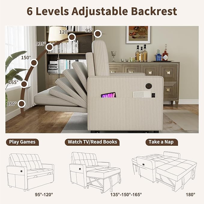 3 in 1 Convertible Sleeper Sofa Bed, Pull Out Couch with Charging Station, Corduroy Small Loveseat Sleeper Sofa with Adjustable Backrest for Apartment, Bedroom, Small Space（White）