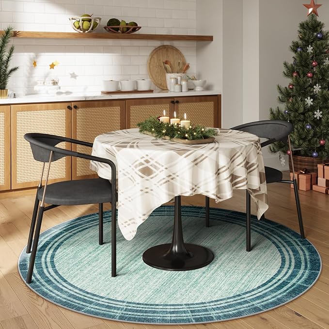 Lahome Abstract Round Rug 6 ft for Living Room, Ultra Thin Washable Soft Circle Bedroom Area Rug, Teal Printed Minimalist Boder Indoor Circular Carpet for Office Dining Room Under Table