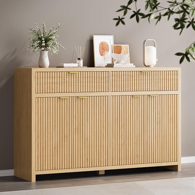 Fluted Sideboard Buffet Cabinet with Storage Drawers, 55" Large Accent Storage Cabinet with Doors and Adjustable Shelf, Modern Farmhouse Credenza for Entryway, Kitchen, Living Room - Wood