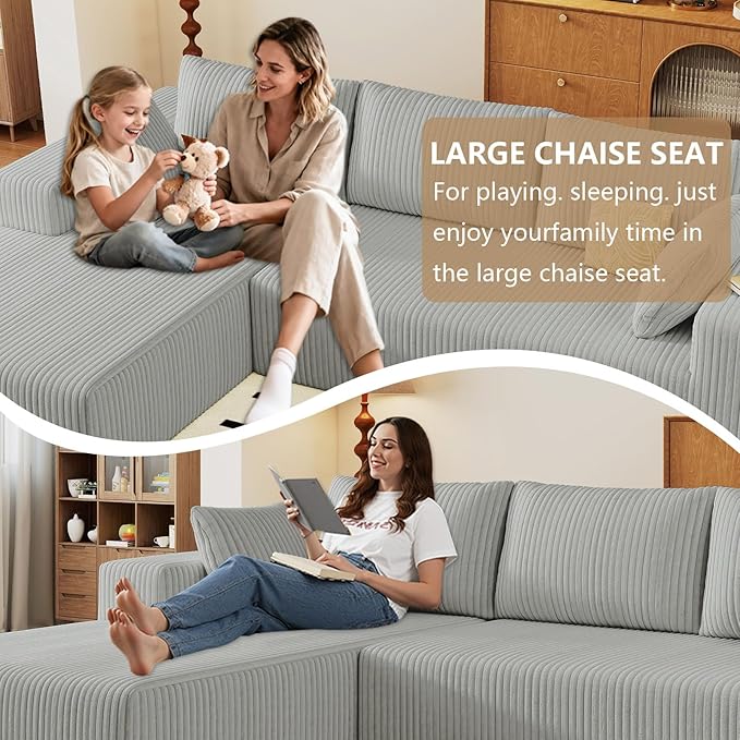 96" Modular Sectional Couch, Boneless L Shaped Cloud Sofa with Chaise Lounge, Corduroy Upholstered Couches Memory Foam Deep Seat, No Assembly Required, Ideal for Living Room(Light Gray, Left Facing)