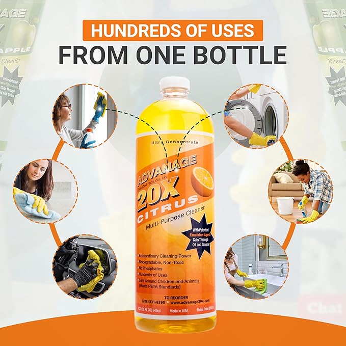 Advanage 20X Household Cleaner Concentrate Refill, 32 oz | Citrus All Purpose Cleaner | Multi Surface Dilute for Floors, Carpets, Glass, Counters, Appliances, and General Home Cleaning, USA Made