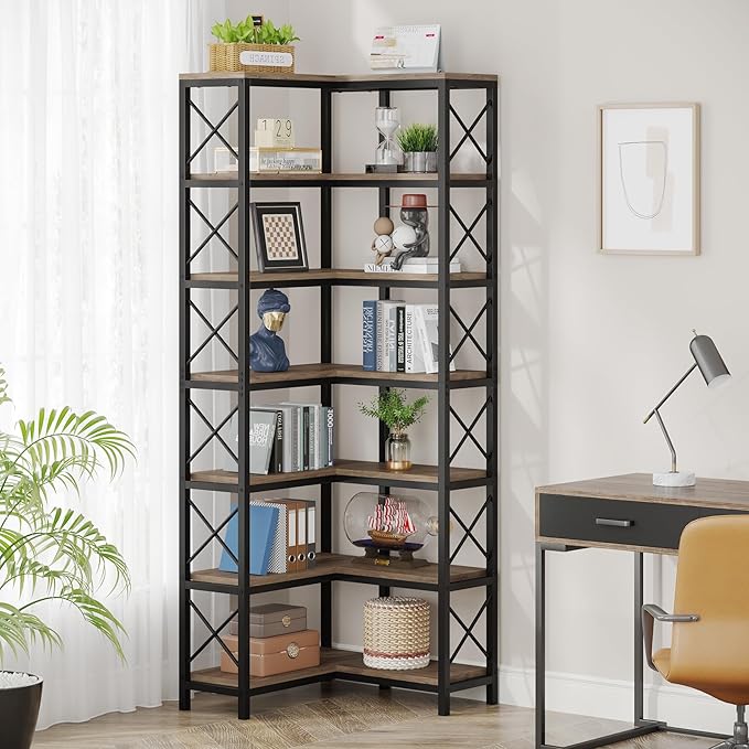 Tribesigns 7-Tier Corner Bookcase, Industrial Large Corner Bookshelf, 7-Shelf Tall Corner Shelf Storage Display Rack with Metal Frame for Living Room Home Office, Grey